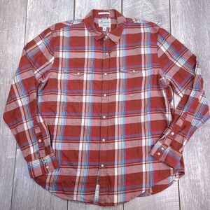 Lucky Brand Button Down Men L Red Plaid Western Pearl Snap Classic Fit Shirt